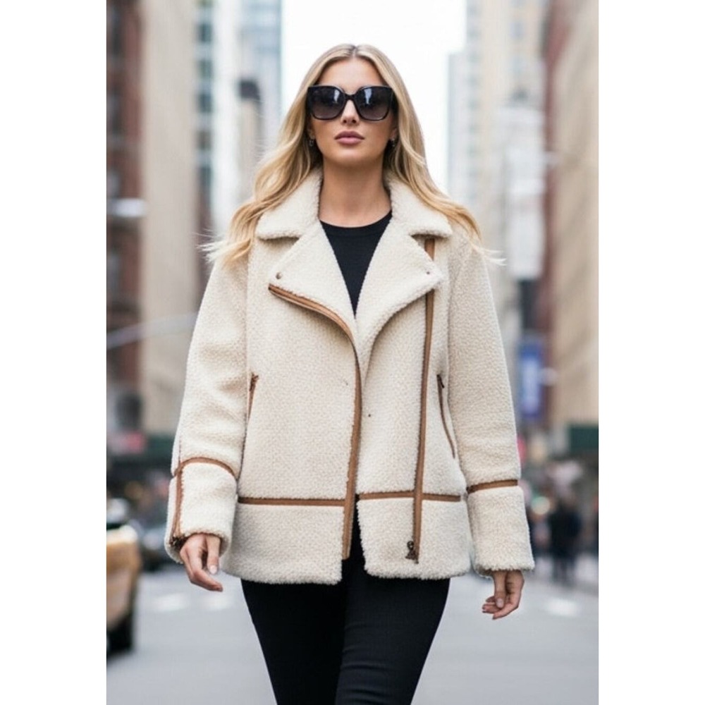 Faherty Coat Cream Brown Oversized Montana Sherpa Edgy JacketTeddy Neutral Ski